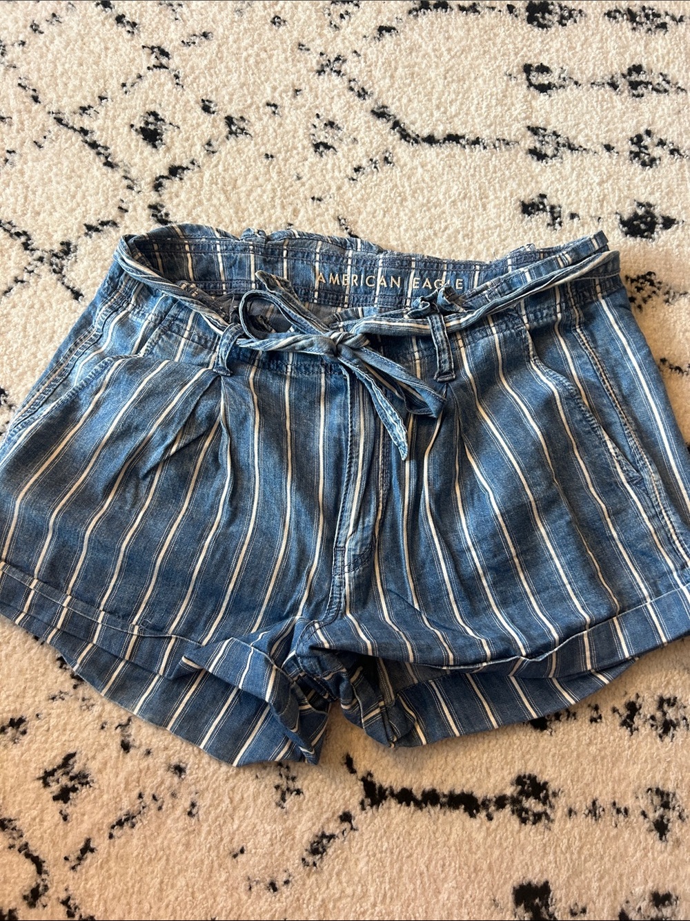 American Eagle Outfitters Blue and White Stripe Paperbag Tie-Waist Shorts